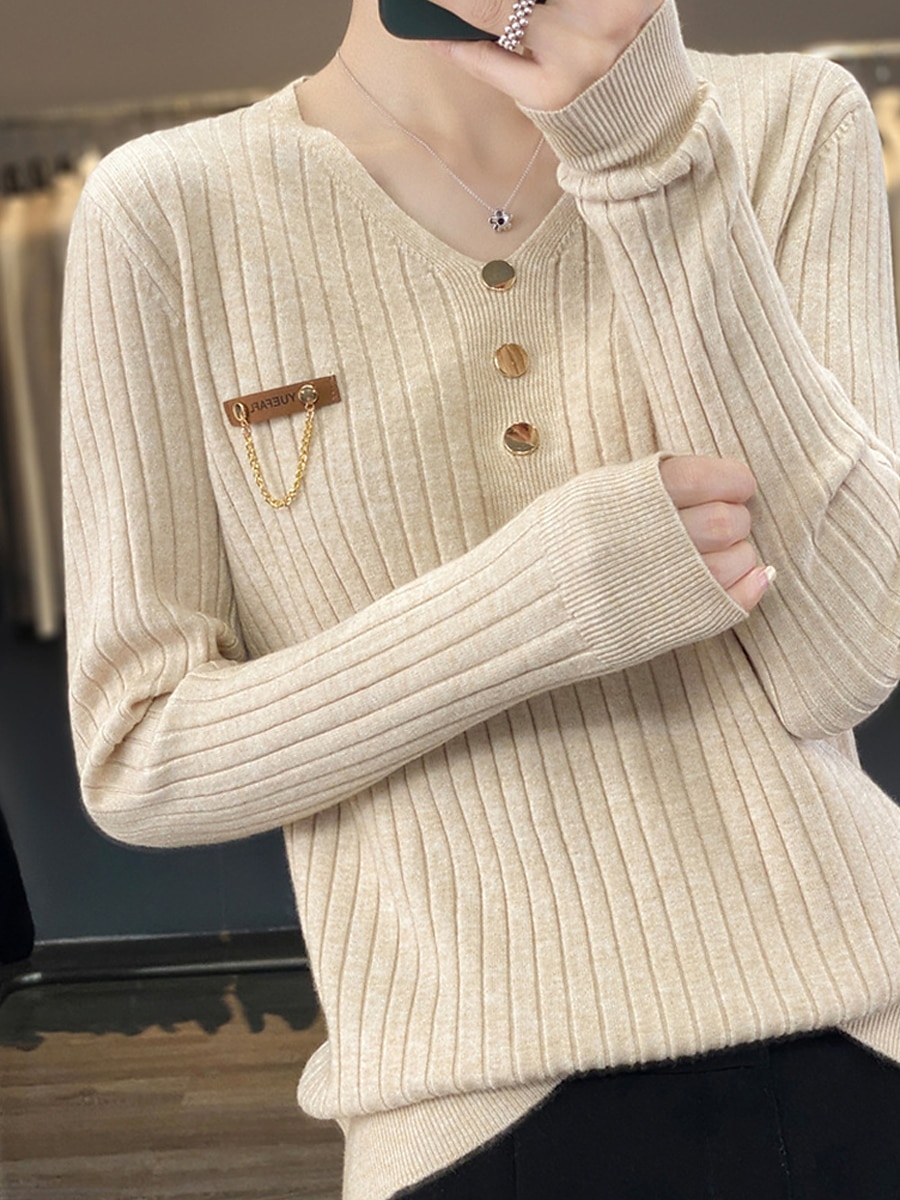 V-Neck Ribbed Knit Button Sweater Black & White Soft Knitwear